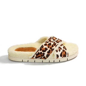 leopard print leather crossover strap wool lined slipper slide with arch support