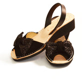 Low Black Nubuck Leather Lightweight Avarca Wedge with glitter bow embellishment