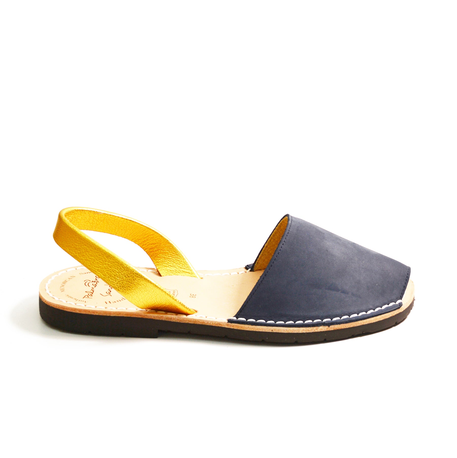Navy nubuck leather with a gold heel strap Spanish Menorcan Avarcas slingback sandals
