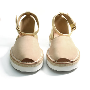neutral suede with anklestrap flatform menorcan spanish avarcas sandals