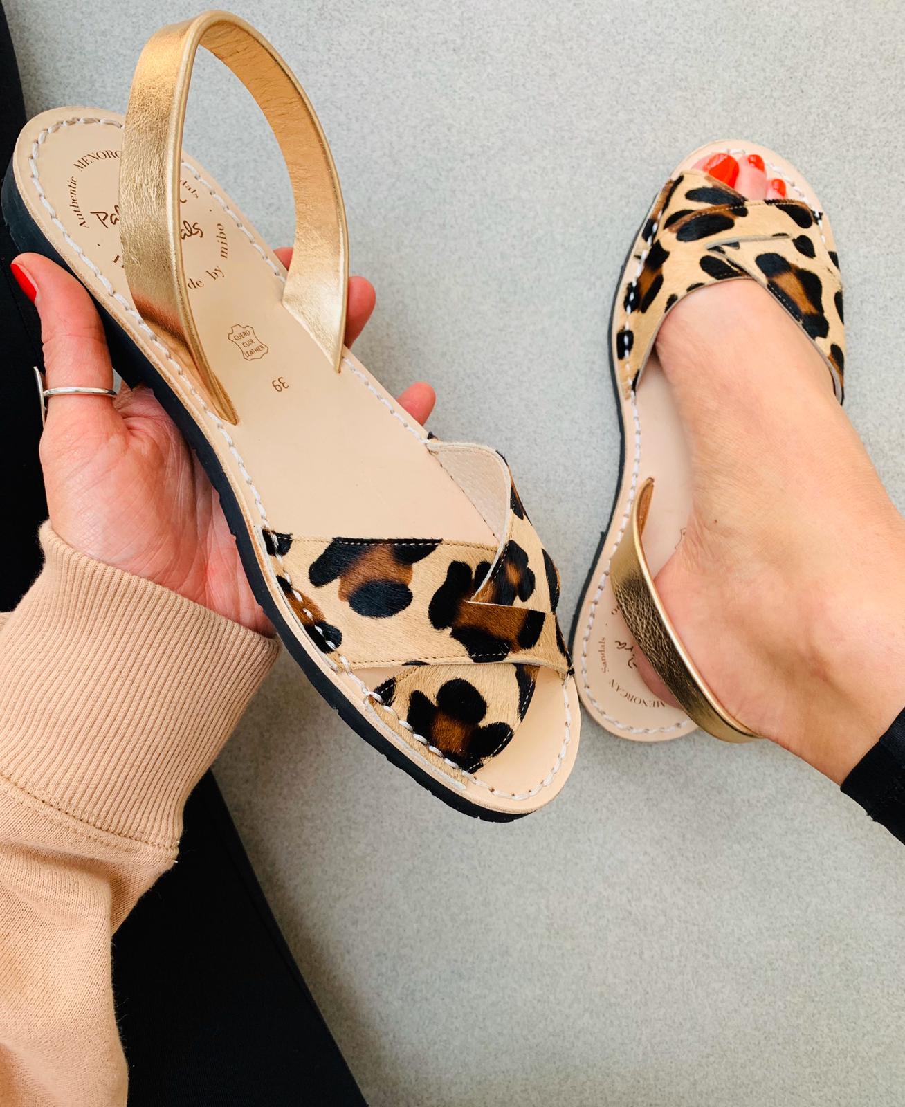 LEOPARD PRINT WITH IVORY GOLD STRAP MENORCAN AVARCAS SANDALS