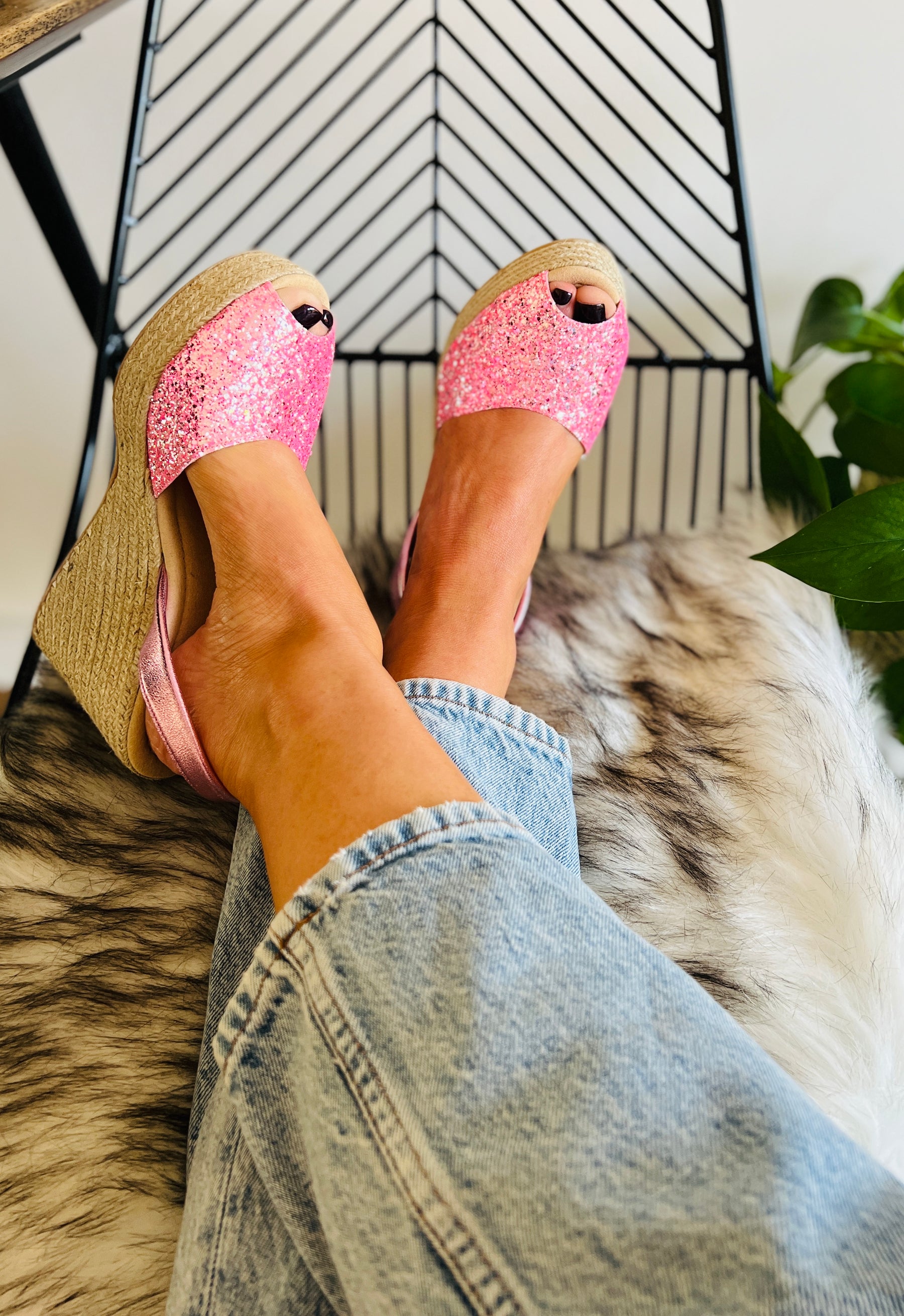 Bright bubblegum pink glitter upper on an 11cm high espadrille wedge with pink leather metallic slingback heel strap