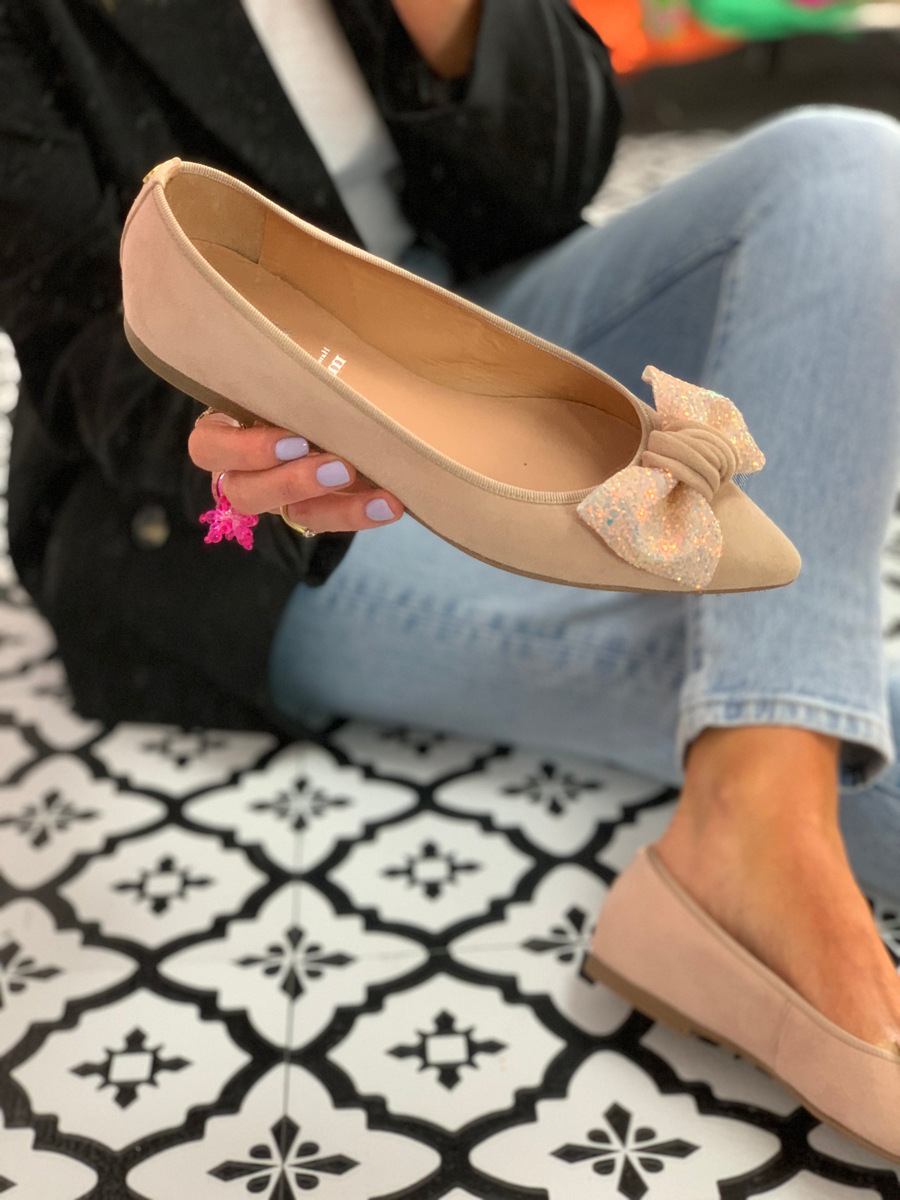 pale pink suede with bow leather lined ballet pump flat shoes