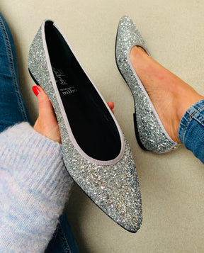 silver glitter ballet pump leather lined flat shoes.