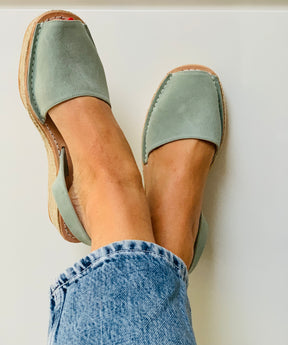 Low Espadrille Avarca Wedge Sandals in Seafoam Blue Green Suede 