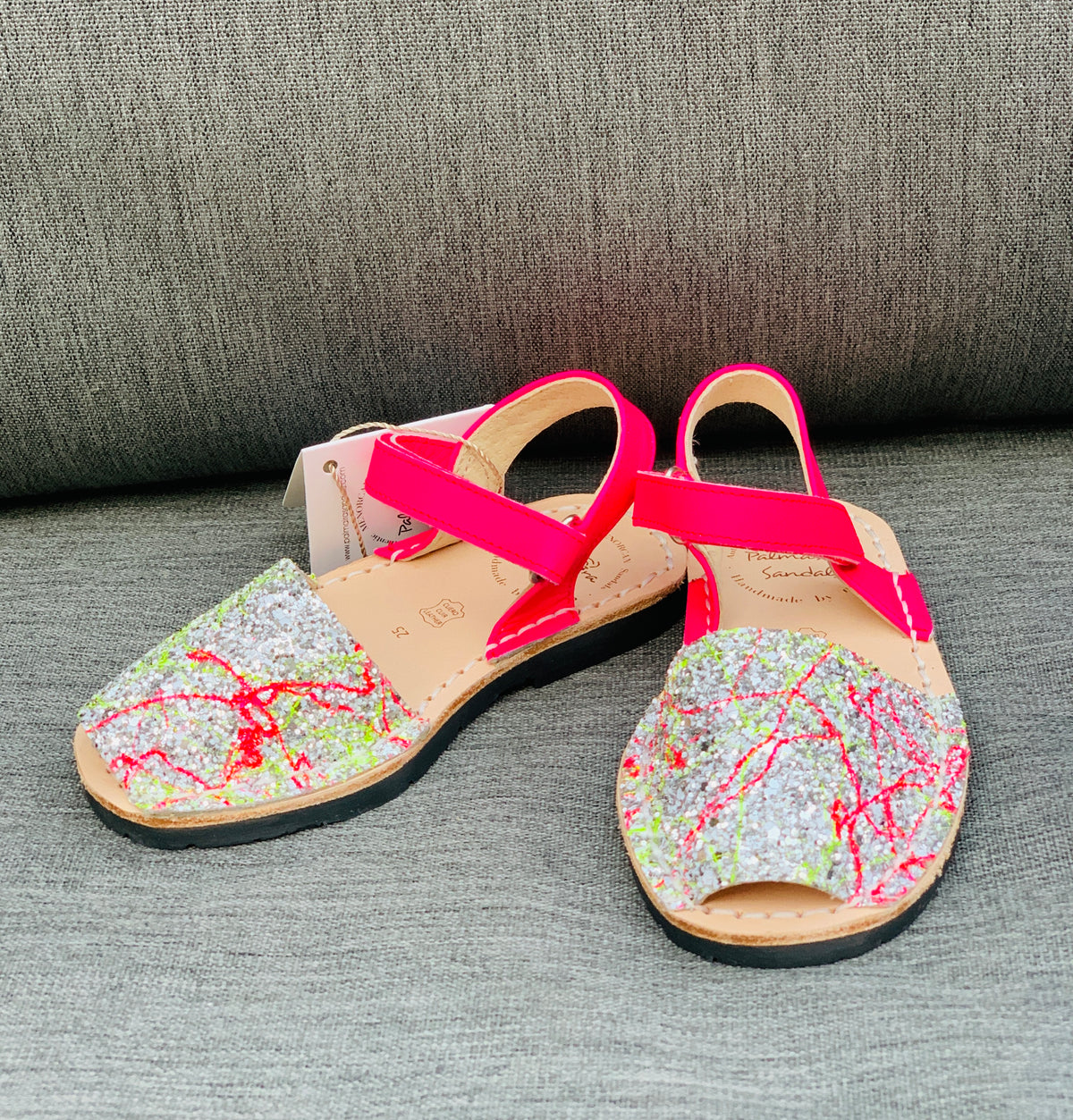 Silver Glitter neon pink velcro hook and loop spanish menorcan avarca kids sandals