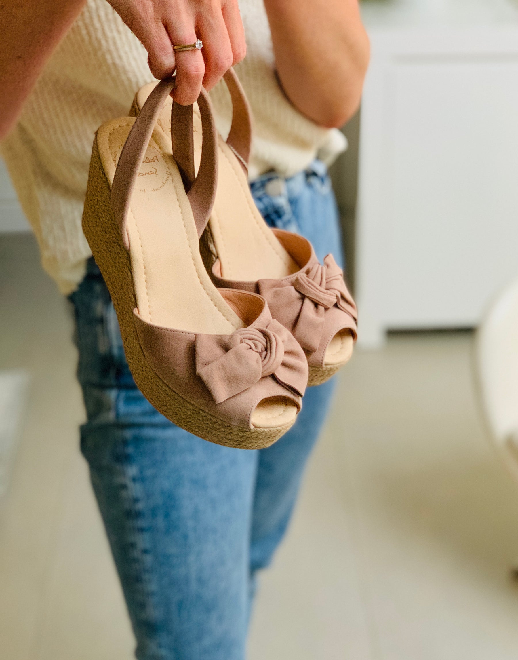 Neutral Mid Height Espadrille Avarca Wedge Sandals with bow.