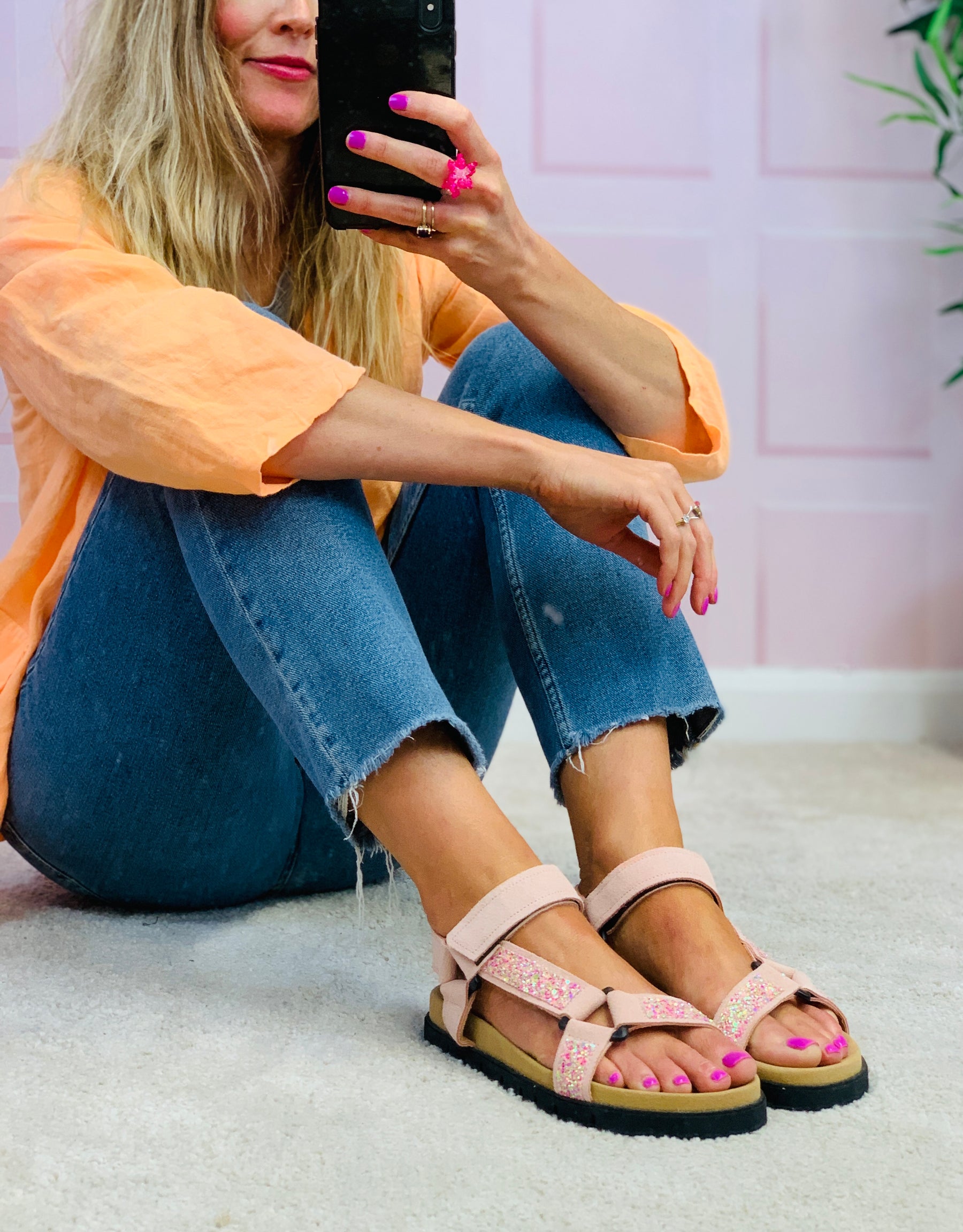 peach suede and glitter strappy arch support hiker flat sandals
