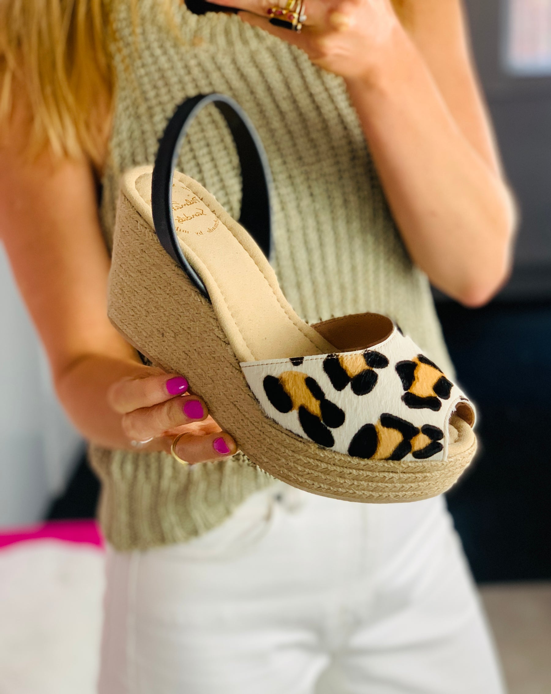 Snow Leopard Leather Mid Height Espadrille Wedge Avarcas Sandals