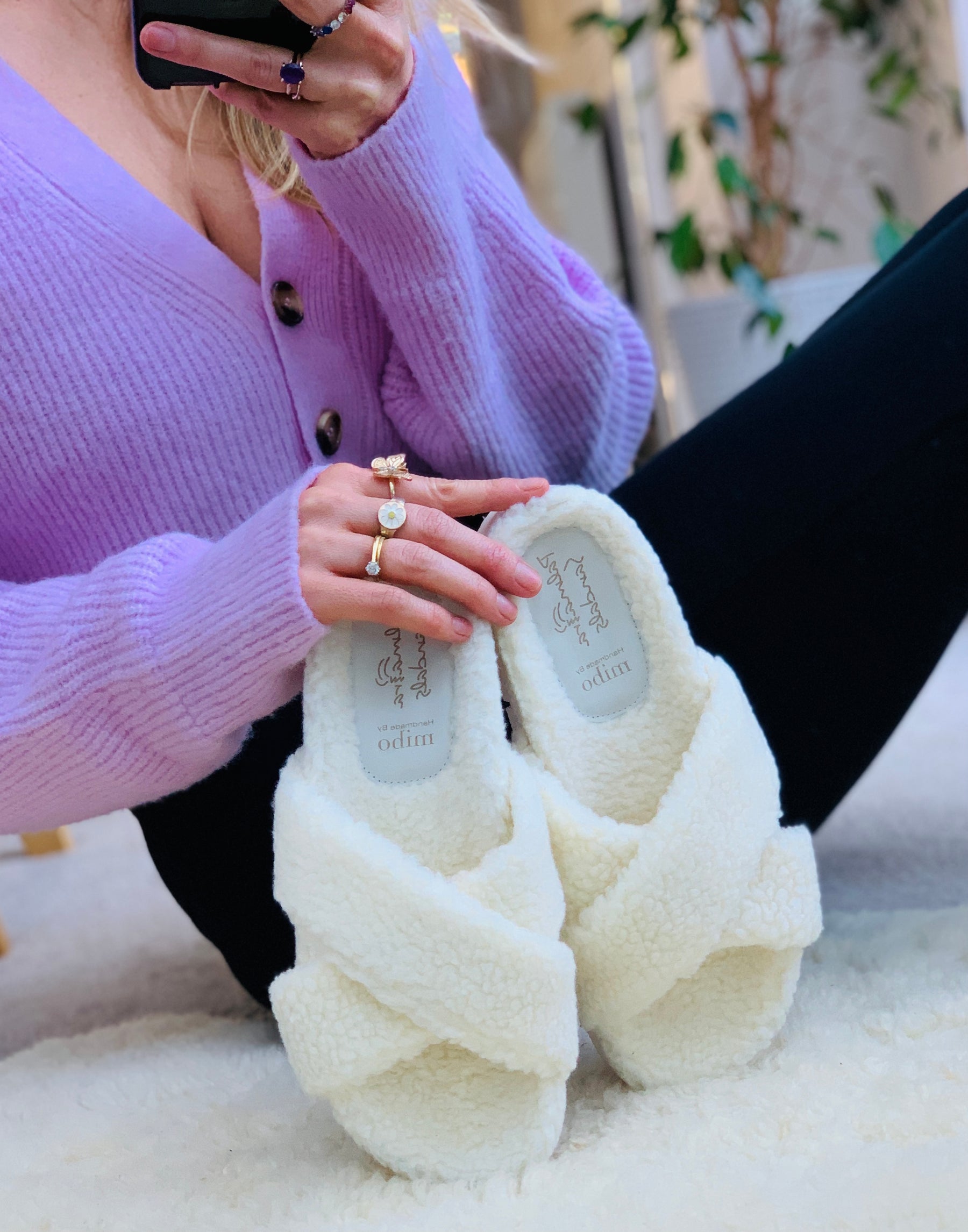cream wool slide slip on slipper with arch support