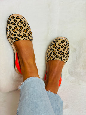 leopard print leather spanish menorcan avarcas sandals with an neon coral heel strap