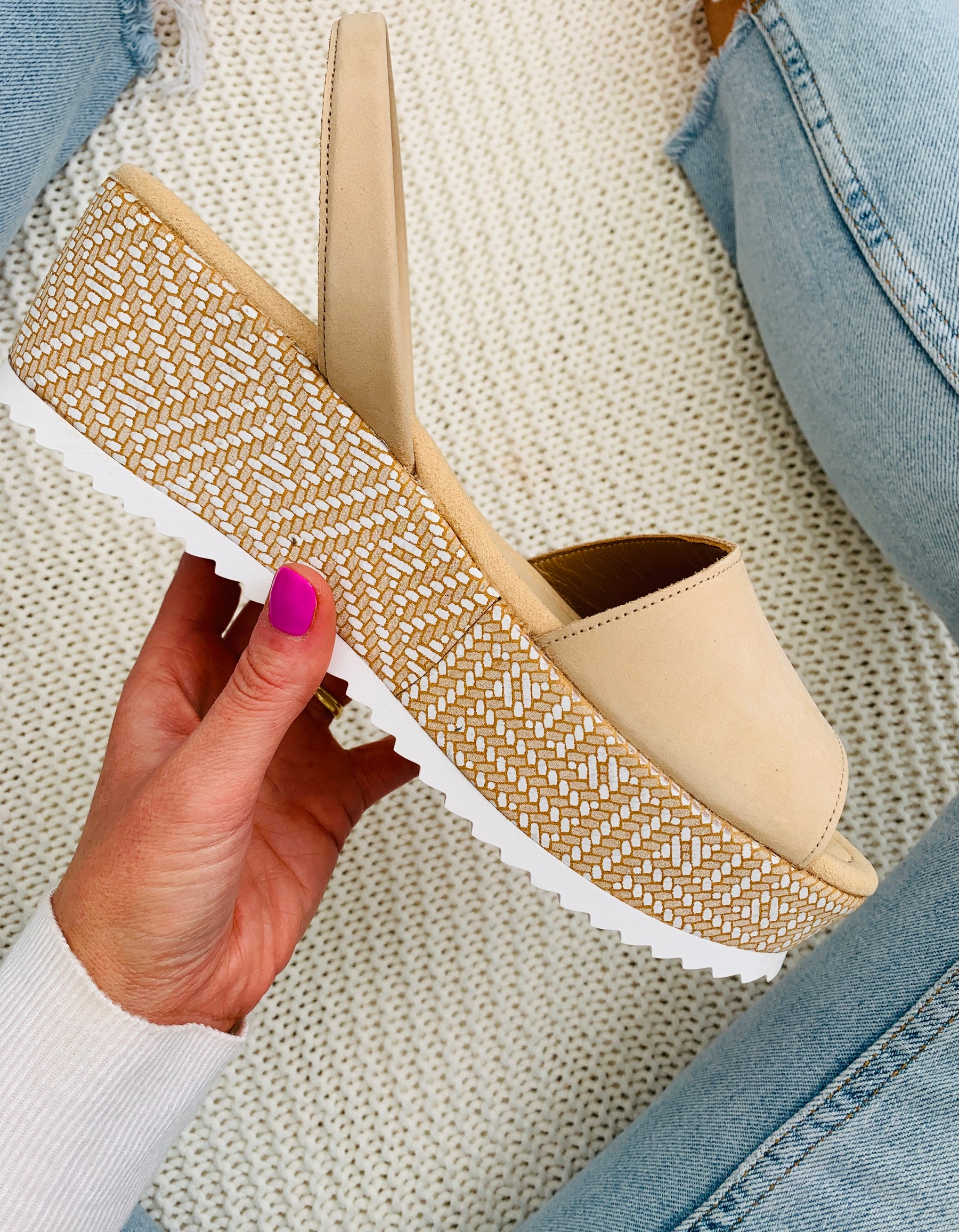 Sand nubuck peep toe with aztec detail on sole. Comfortable, medium height espadrille wedge platform avarca sandals