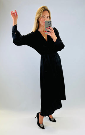 black silk viscose long sleeve floaty dress with elasticated waist and crossover bust detail