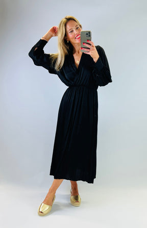 black silk viscose long sleeve floaty dress with elasticated waist and crossover bust detail