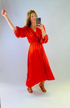 orange silk viscose long sleeve floaty dress with elasticated waist and crossover bust detail
