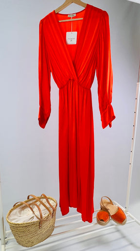 orange silk viscose long sleeve floaty dress with elasticated waist and crossover bust detail