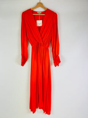 orange silk viscose long sleeve floaty dress with elasticated waist and crossover bust detail