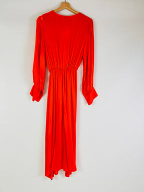 orange silk viscose long sleeve floaty dress with elasticated waist and crossover bust detail