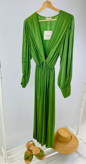 green silk viscose long sleeve floaty dress with elasticated waist and crossover bust detail