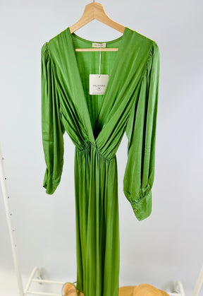green silk viscose long sleeve floaty dress with elasticated waist and crossover bust detail