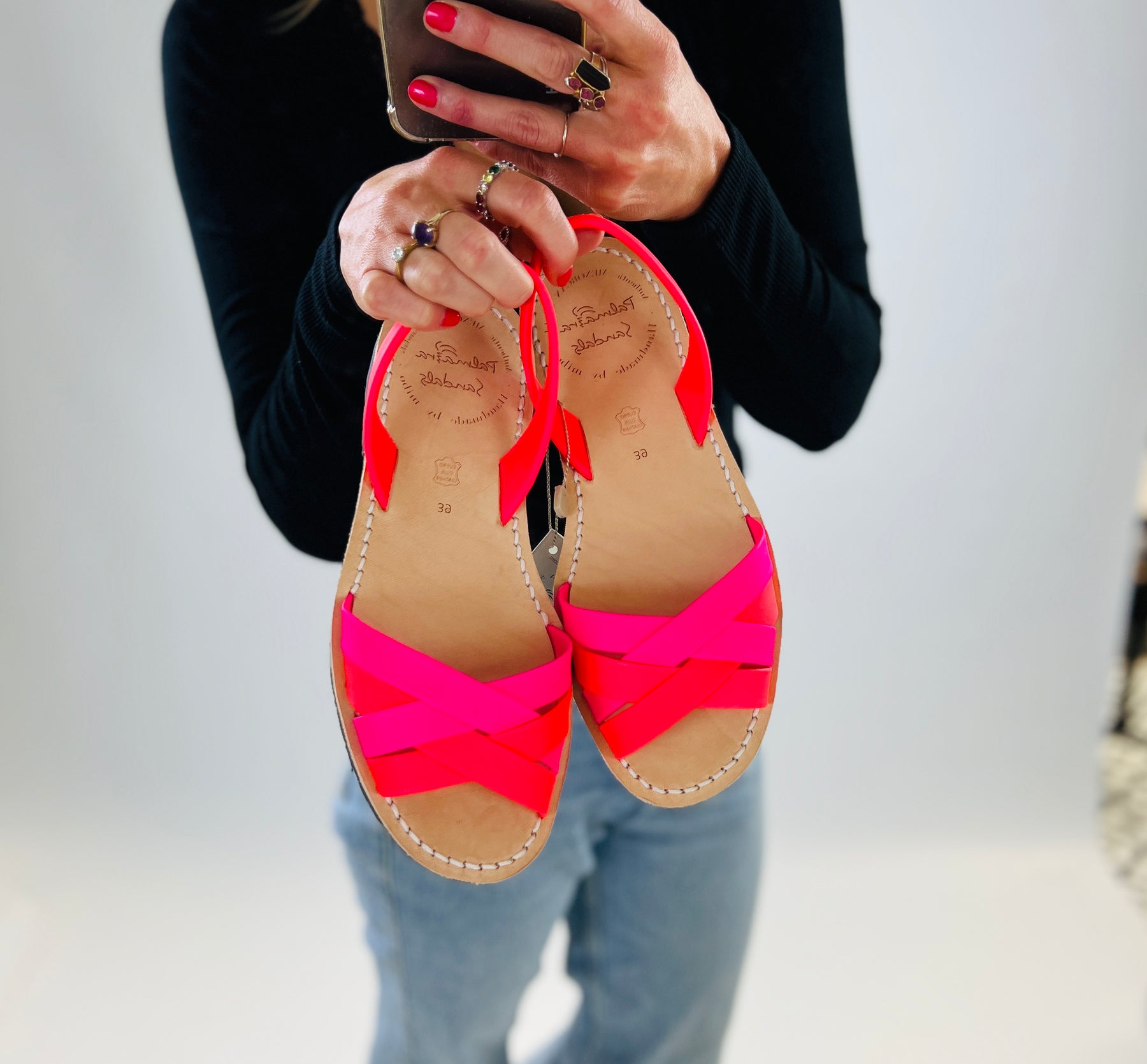 Neon coral and pink leather crossover avarca with backstrap, easy to wear slip-on summer sandals.