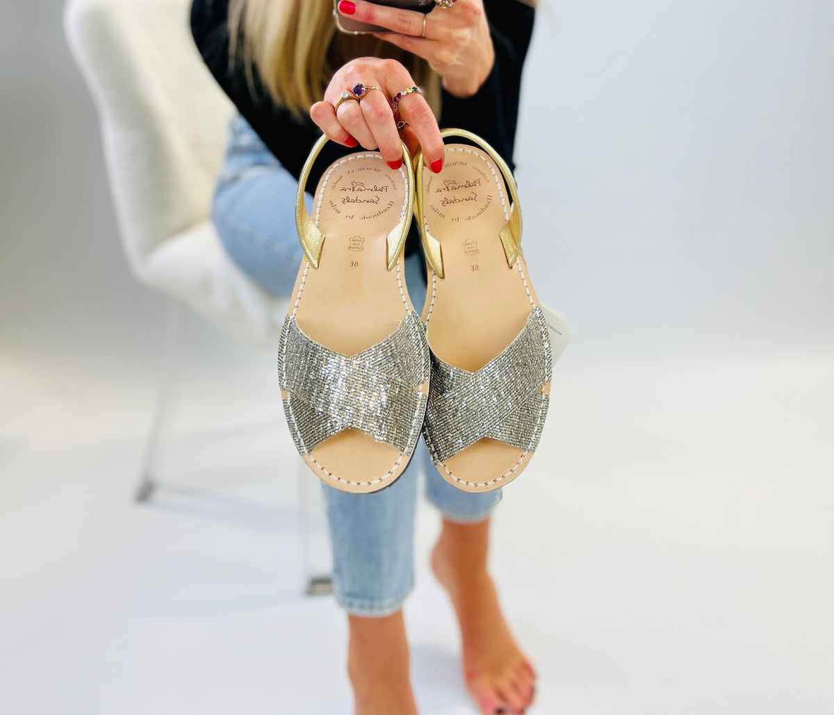 Silver hologram glitter crossover Menorcan Avarca sandals with a gold metallic leather heelstrap, easy to wear slip-on summer sandals