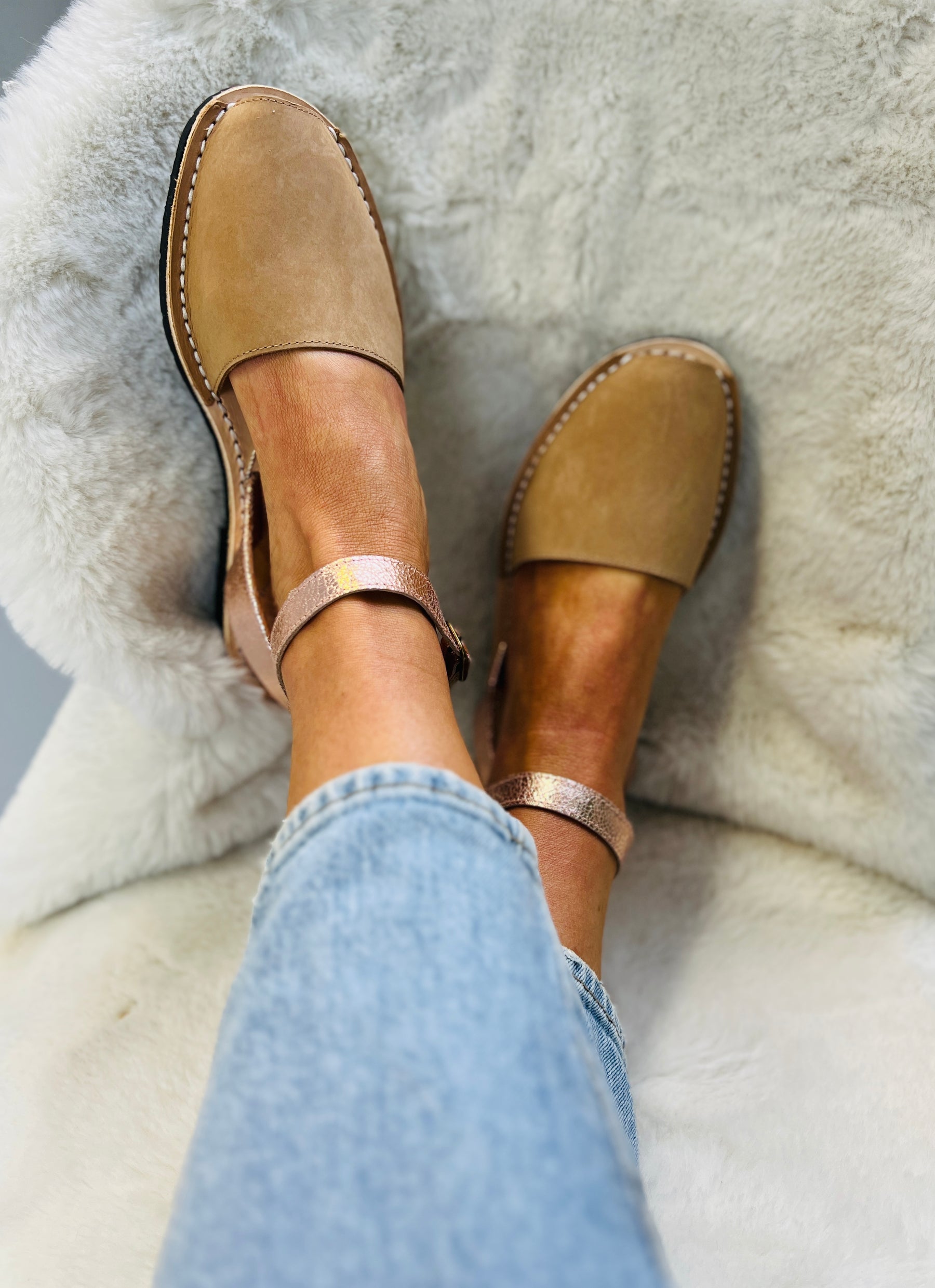 Tan nubuck Menorcan Avarca sandals with rose gold backstrap and detachable ankle strap, easy to wear slip-on summer sandals with the extra security of an ankle fastening.