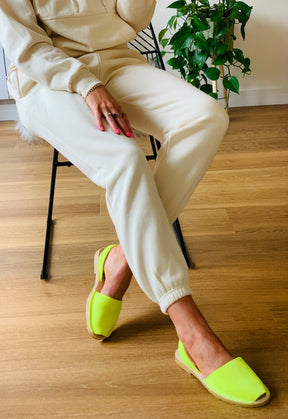 Neon Yellow suede menorcan avarca sandals with slingback heelstrap and flexible rubber sole