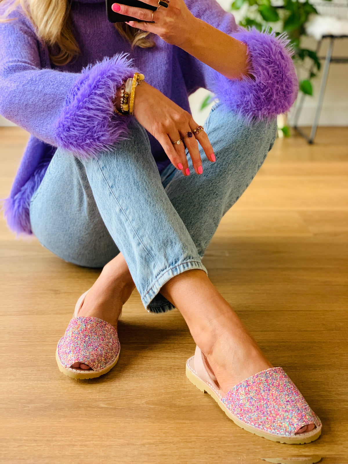 pastel multi coloured glitter upper on a traditional menorcan avarca sandal with neutral peach toned suede heelstrap and durable rubber sole.