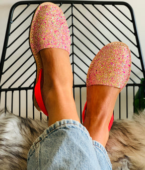 peach multi glitter menorcan avarca sandals with a neon coral napa leather slingback backstrap and flexible rubber sole