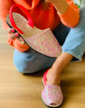 peach multi glitter menorcan avarca sandals with a neon coral napa leather slingback backstrap and flexible rubber sole