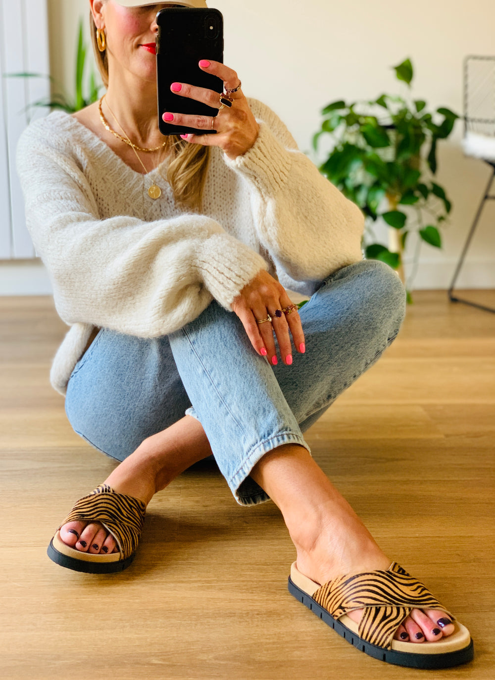 Tiger print arch support ergonomic innersole flat slide sandals