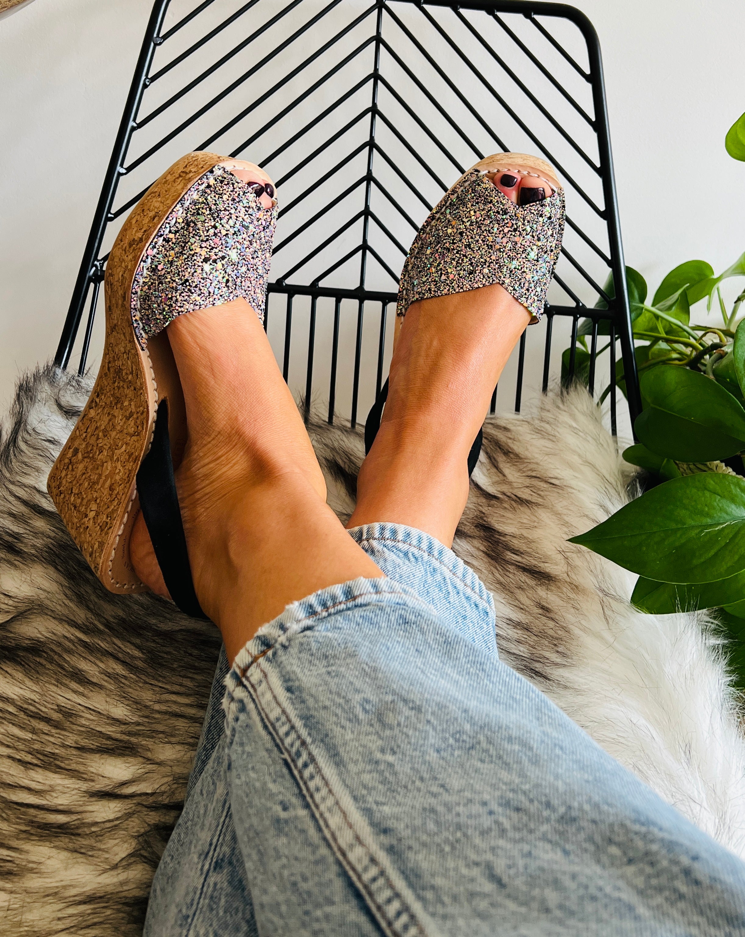 Mid Height Cork Wedge Sandals in Black Multi Glitter - Palmaira Sandals Menorcan Avarcas