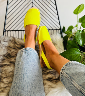 Neon Yellow suede menorcan avarca sandals with slingback heelstrap and flexible rubber sole