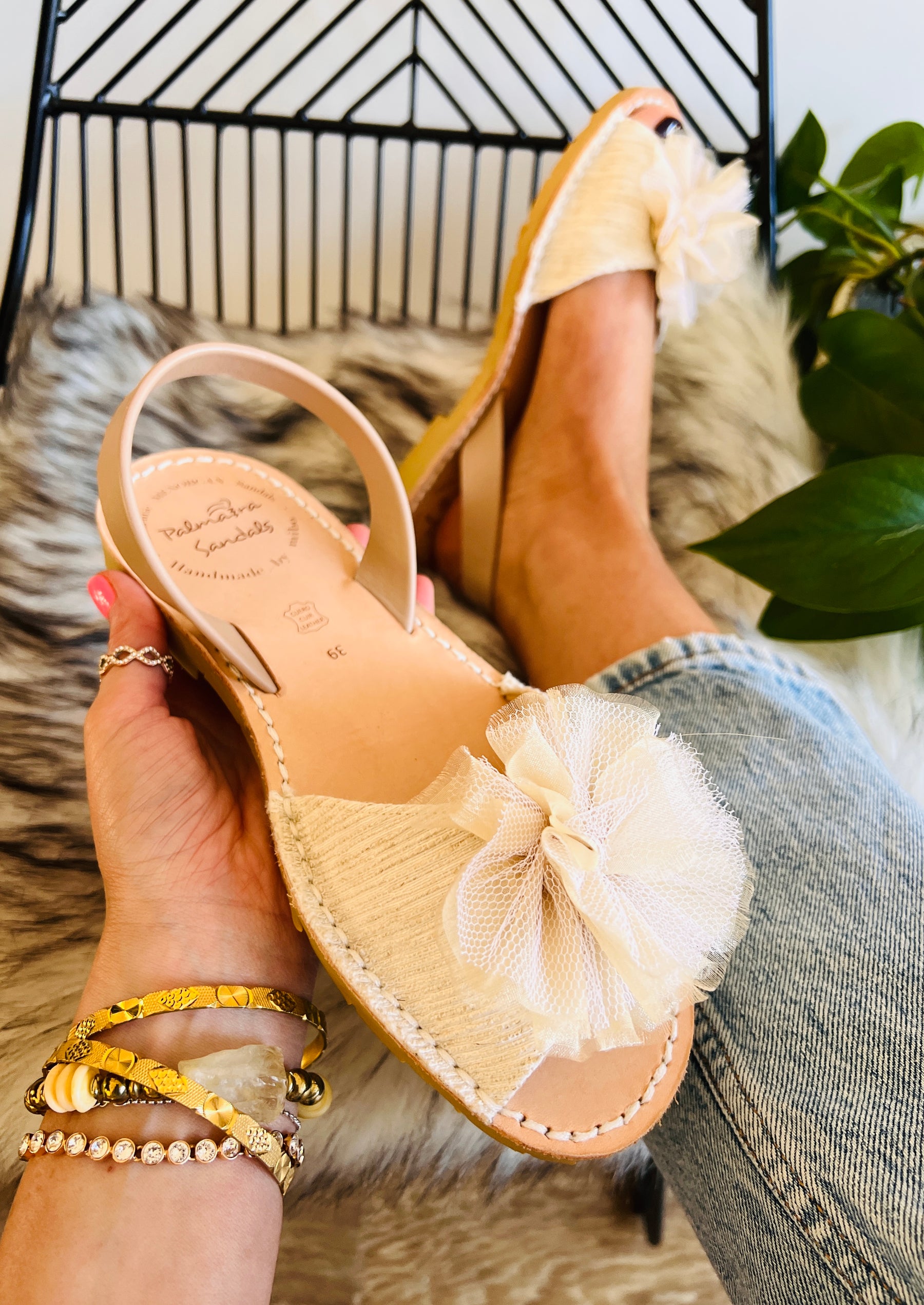 cream linen upper with tulle pompom peeptoe slingback spanish menorcan avarcas sandals