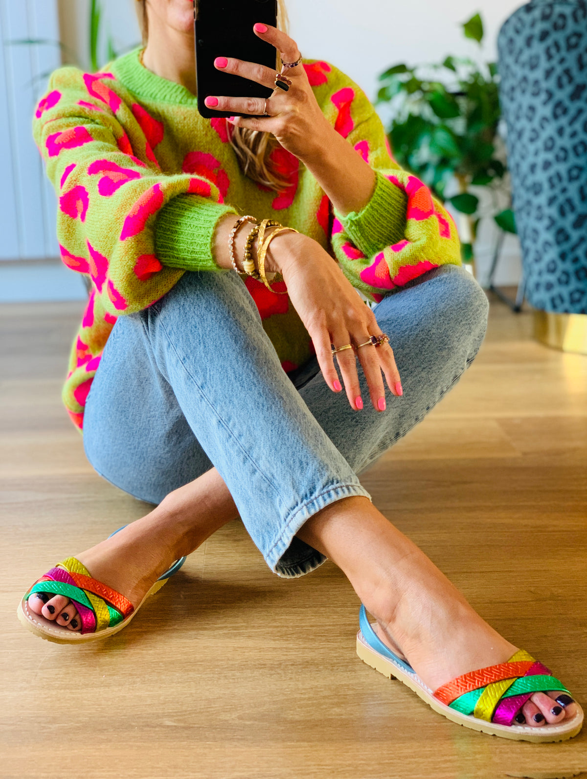 Green, yellow, orange, pink and blue strappy crossover peeptoe avarcas sandals