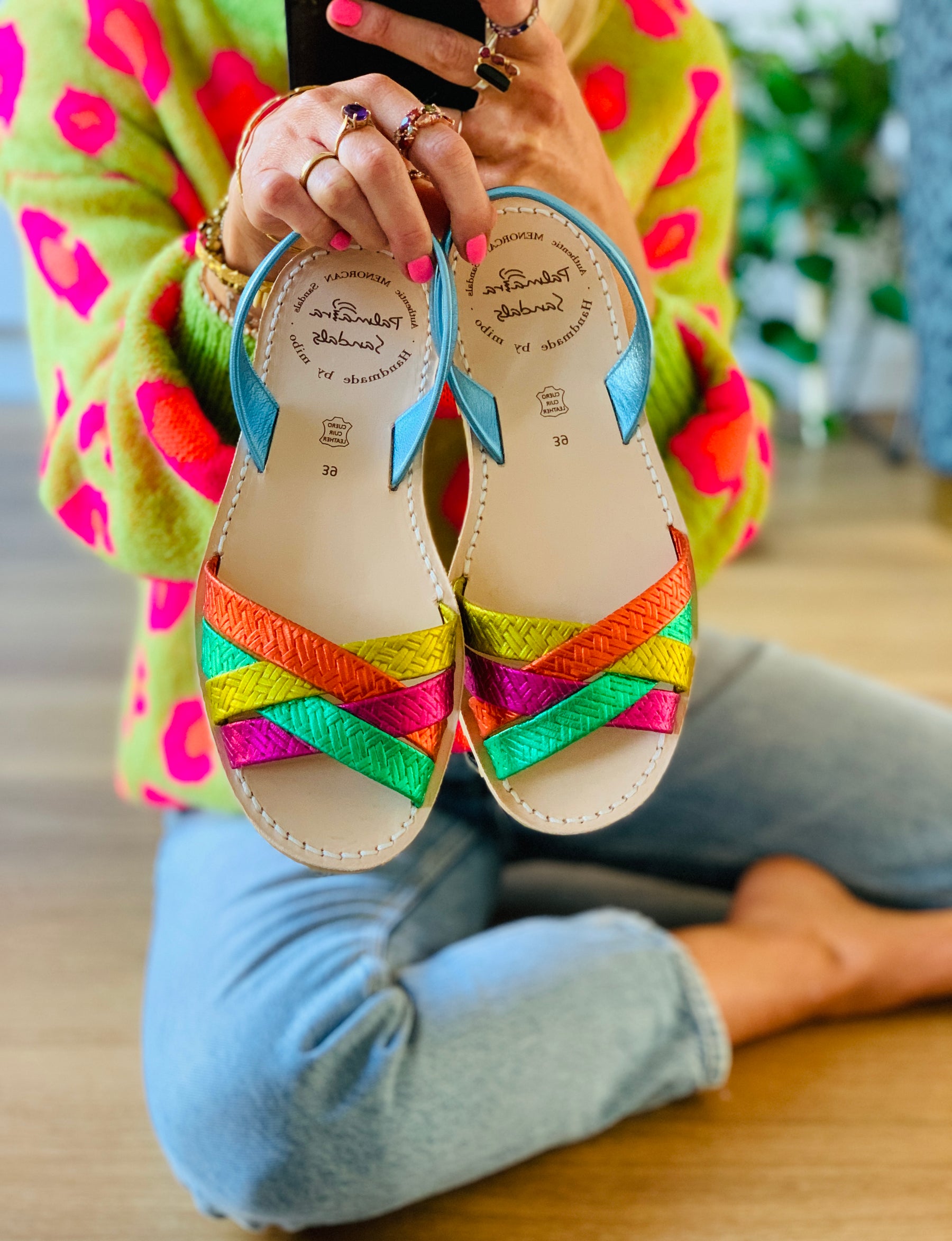 Green, yellow, orange, pink and blue strappy crossover peeptoe avarcas sandals