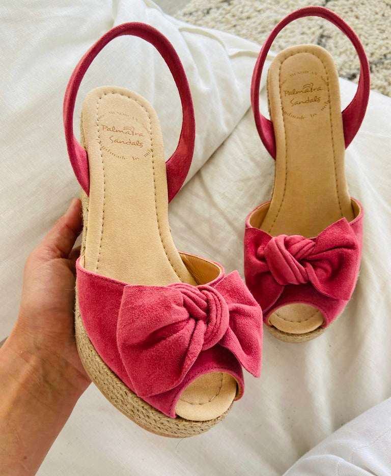 dusky pink suede leather with bow embellishment high espadrille wedge avarca sandals